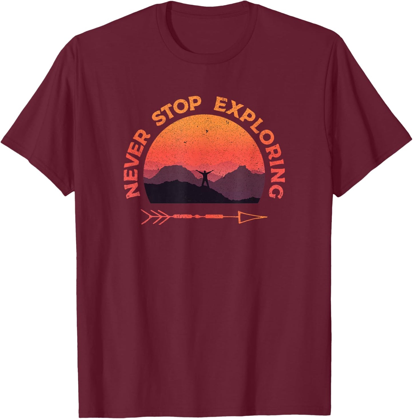 Never Stop Exploring Hiking Outdoor Retro Vintage Graphic T-Shirt - T-Shirt | Maroon