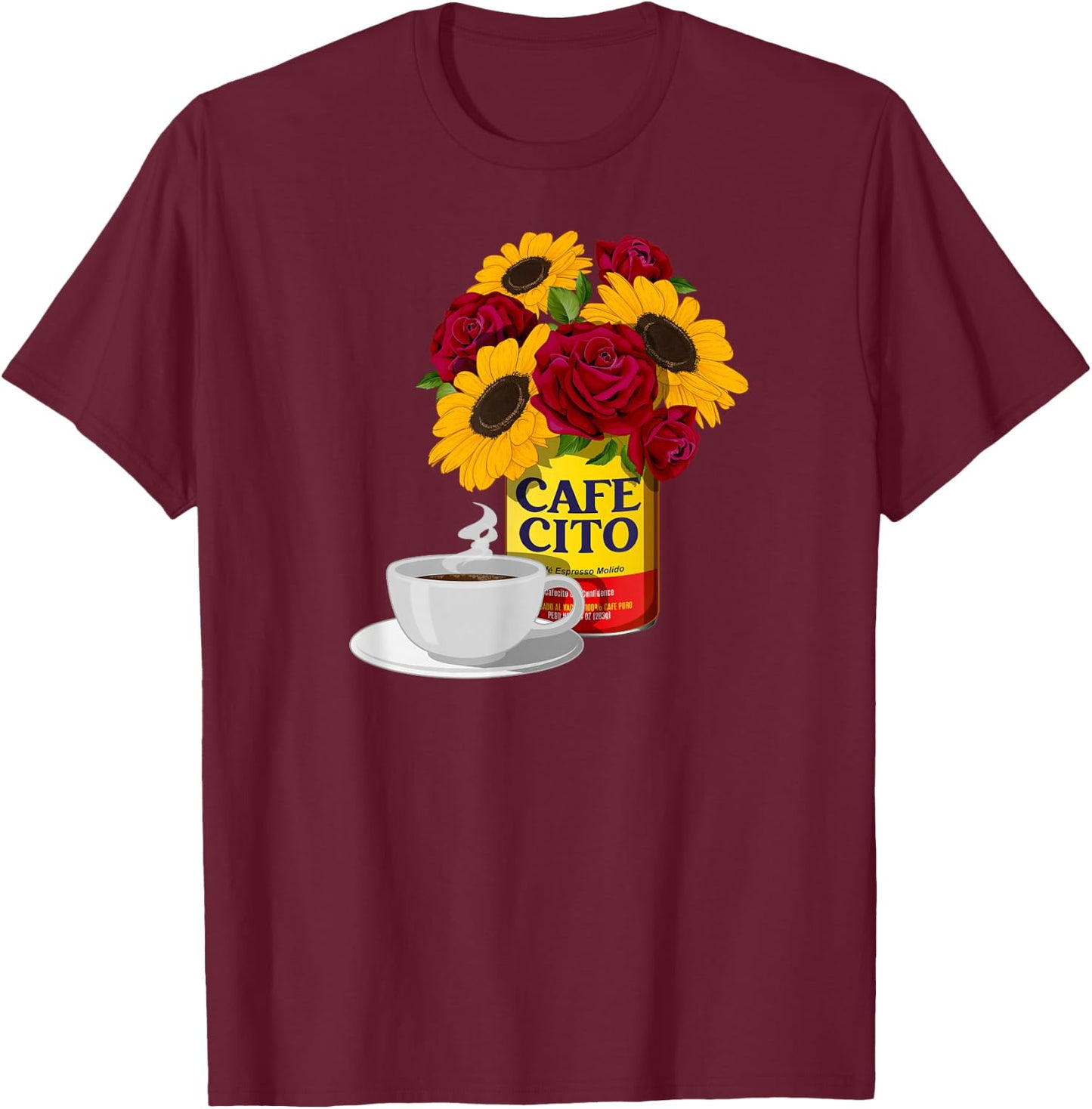 Cafecito and Confidence Cafe con Flores - -Adults, Black, Small, Short Sleeve, Classic Fit, Cotton Blend, Floral, Vacation, Classic, Unique Design T-Shirt - T-Shirt | Maroon