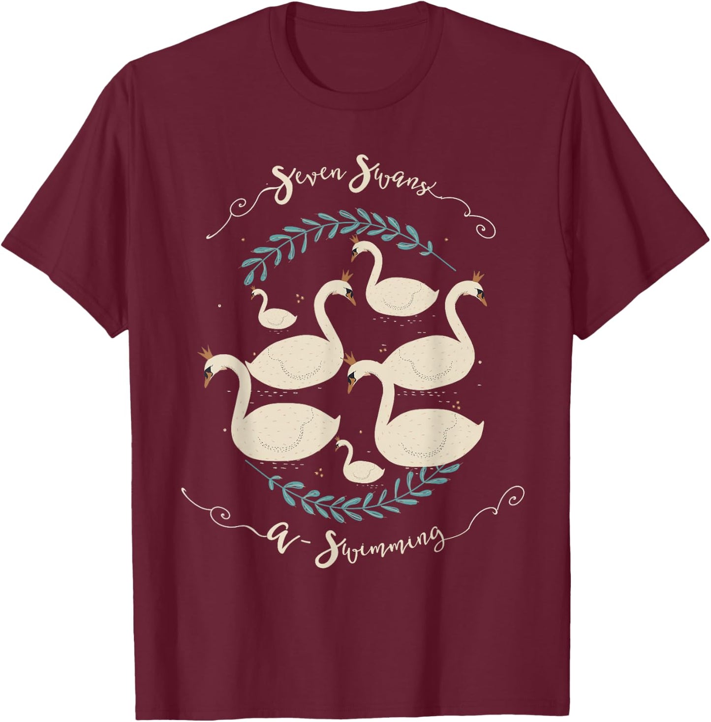 Seven Swans Swimming The 12 Christmas Days Song Rhyme T-Shirt - T-Shirt | Maroon