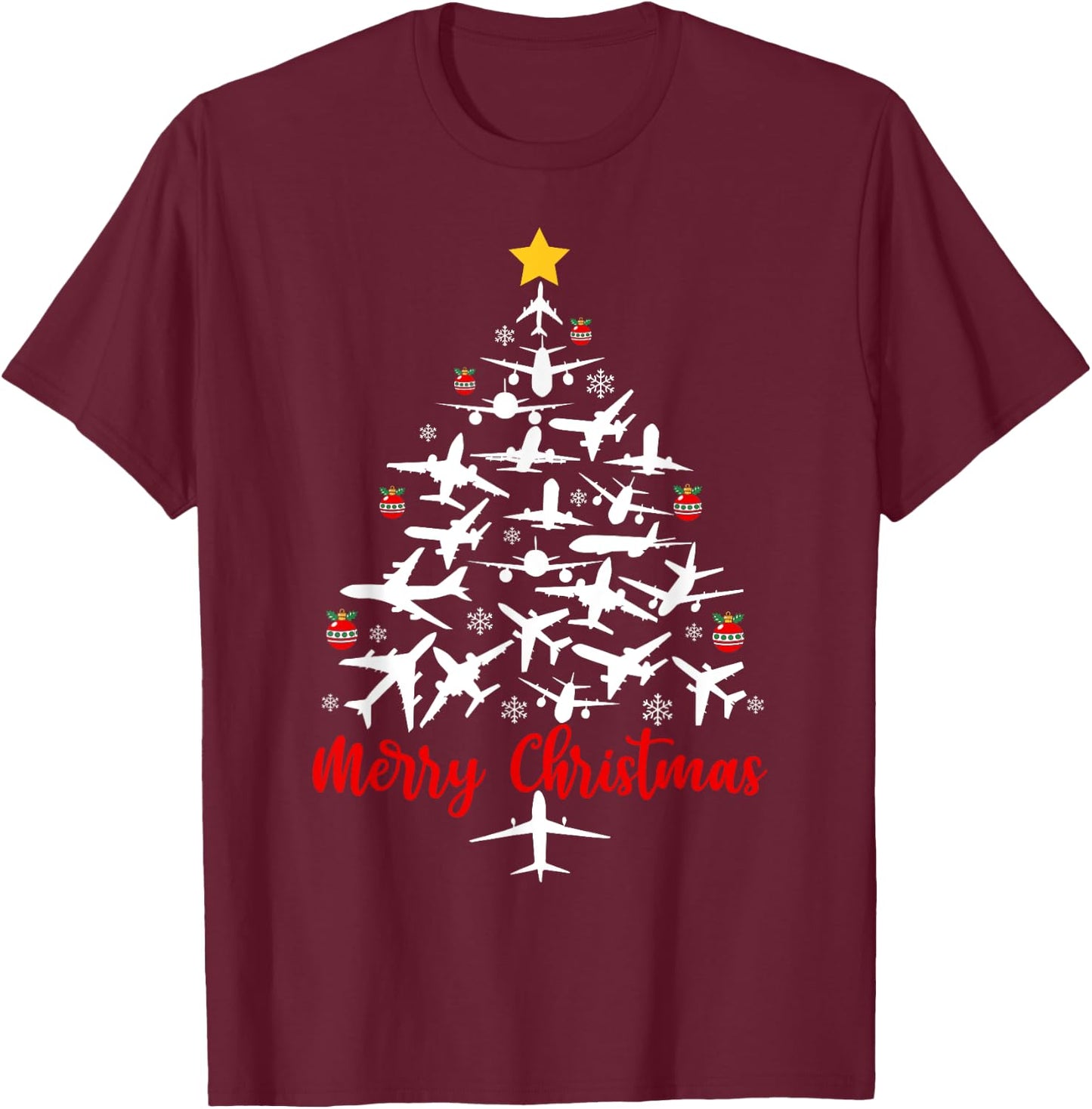 Airplane Christmas Tree Merry Christmas Men Women Kids T-Shirt - T-Shirt | Maroon