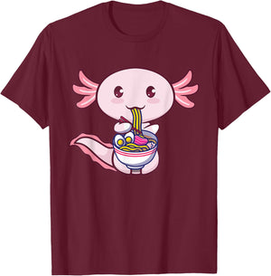 Ramen Axolotl Fish Eating Ramen Cute Kawaii Amine Japanese T-Shirt - T-Shirt | Maroon