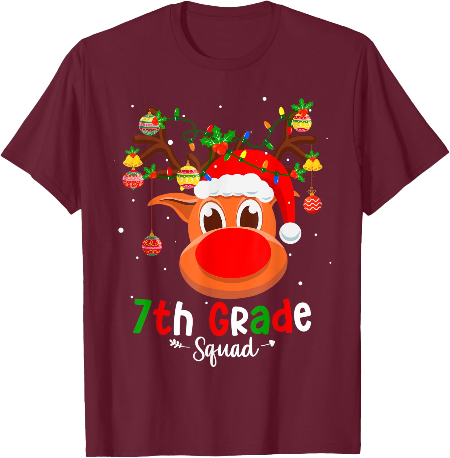7th Grade Squad Plaid Reindeer Santa Hat Teacher Christmas Men Women Kids T-Shirt - T-Shirt | Maroon