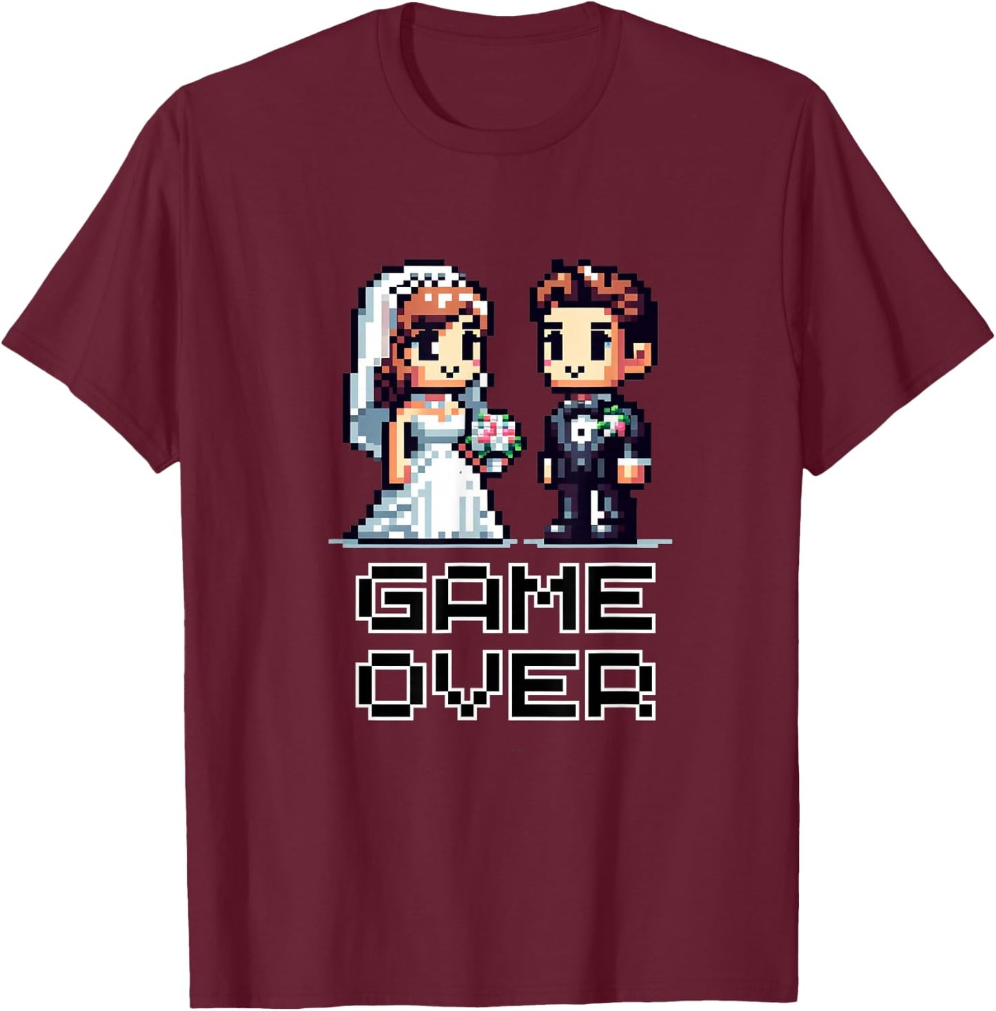 Funny Groom Bride Wedding Bachelor Party Retro Pixel Art T-Shirt - T-Shirt | Maroon