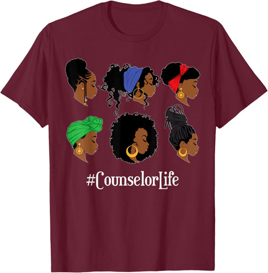 School Counselor Life Black African American Afro Woman T-Shirt - T-Shirt | Maroon