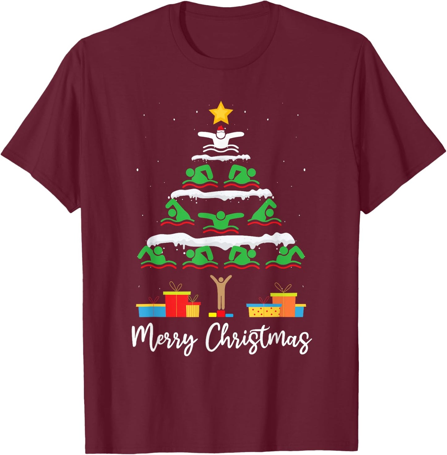 Merry Christmas Santa Christmas Tree Swiming Lover Swimmer T-Shirt - T-Shirt | Maroon