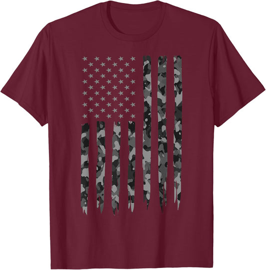 Camo American Flag - Gray American Flag Camo T-Shirt - T-Shirt | Maroon