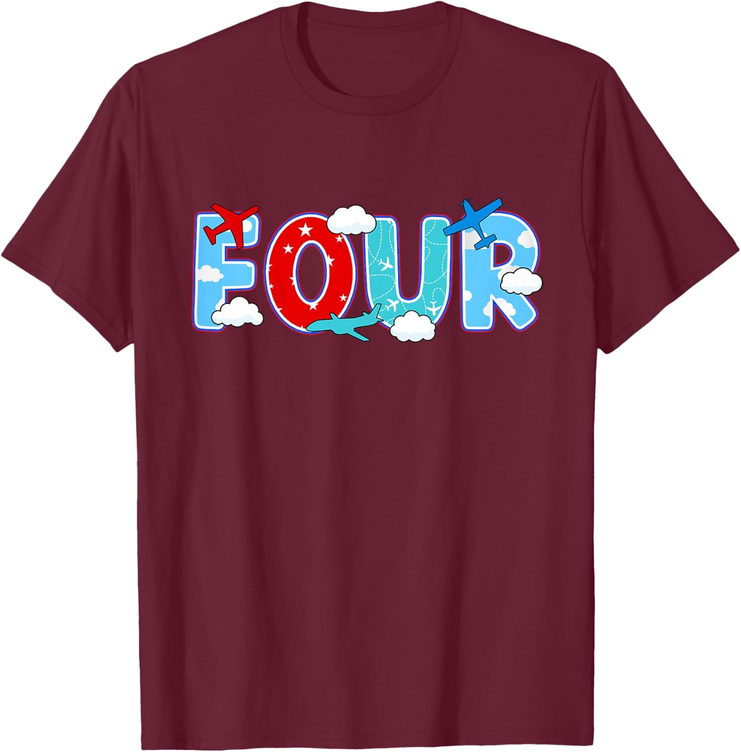 4th Airplane Birthday Party Four Year Old Pilot Birthday T-Shirt - T-Shirt | Maroon