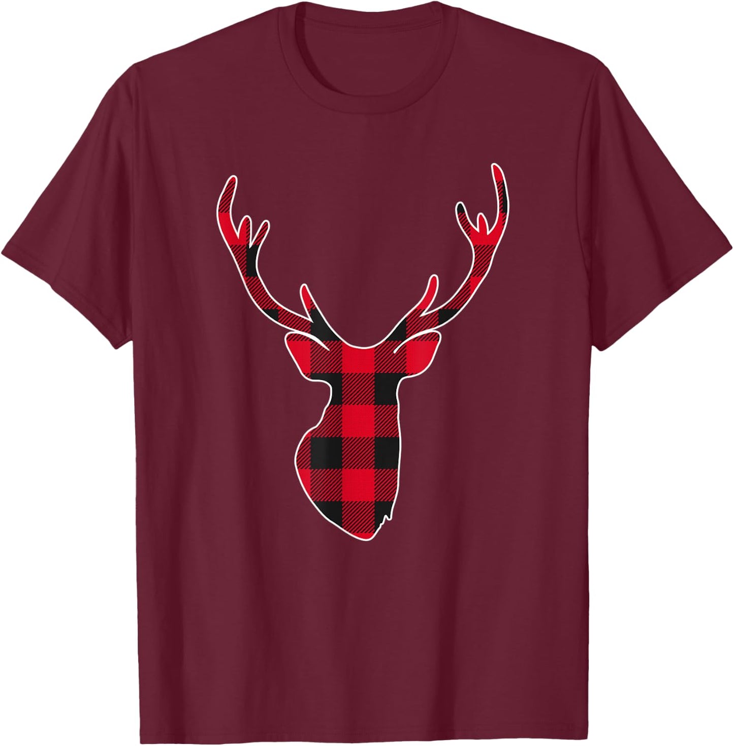 Red Buffalo Plaid Deer Reindeer Head Christmas Hunting T-Shirt - T-Shirt | Maroon