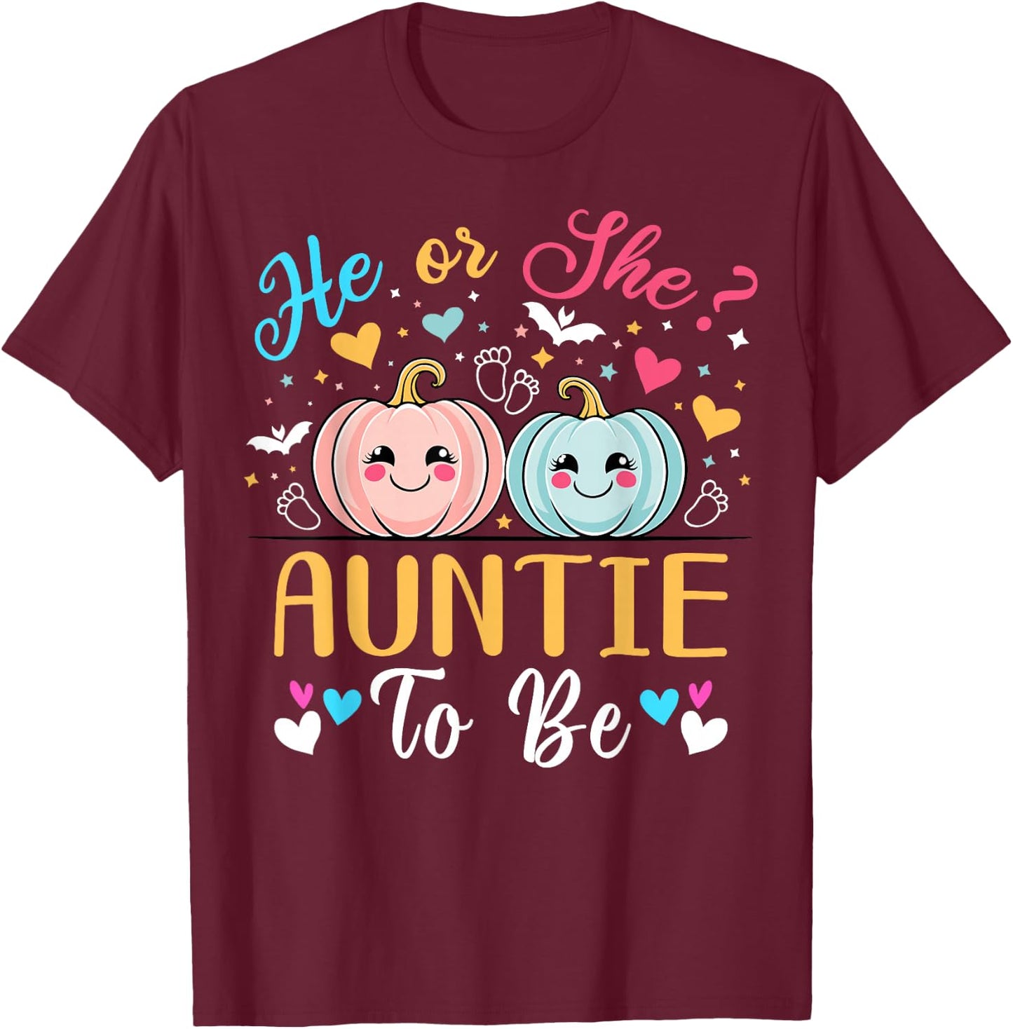 Halloween Gender Reveal He or She Auntie to Be Pumpkin T-Shirt - T-Shirt | Maroon