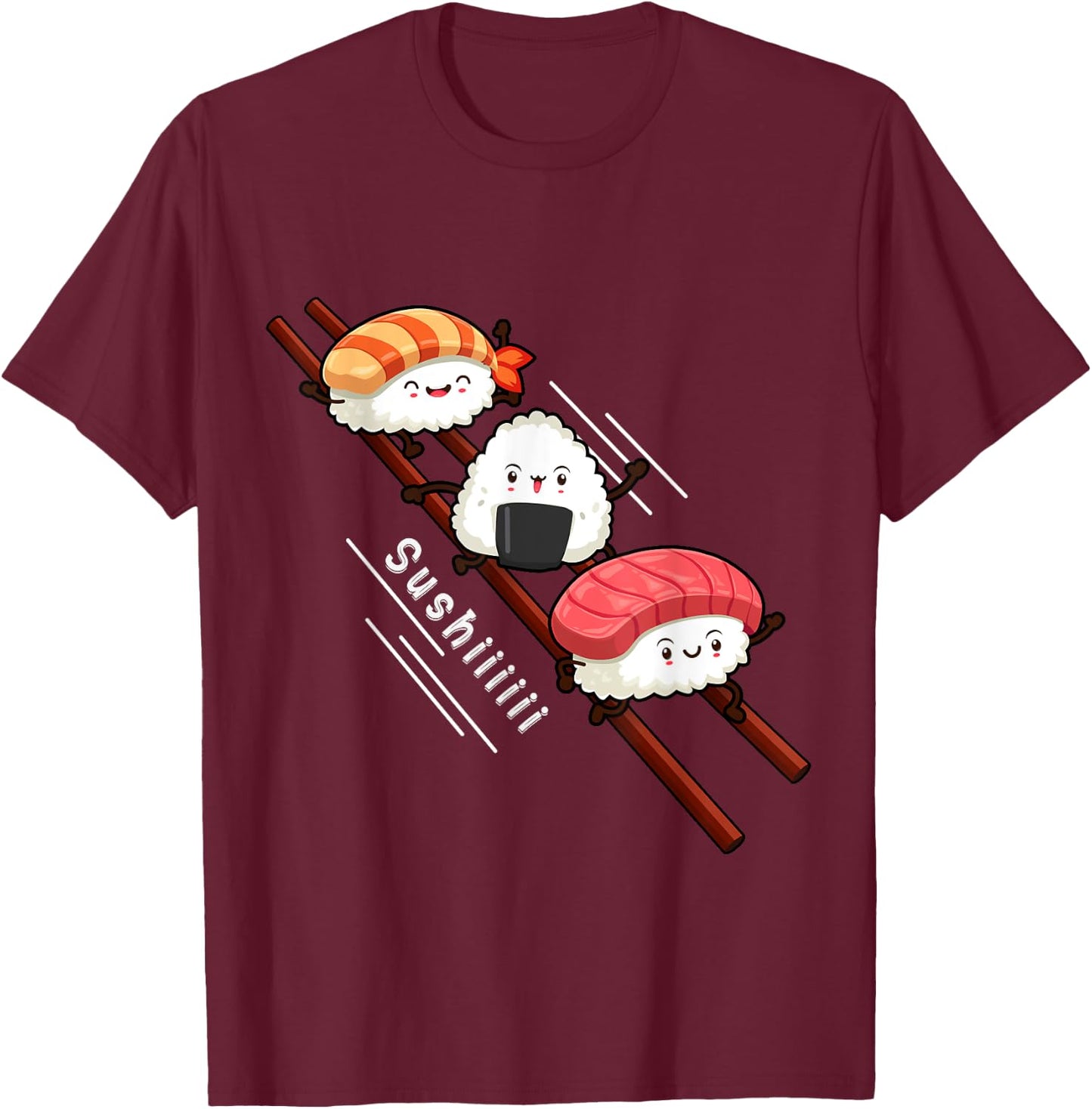 Sushi Sliding On Chopsticks Funny Kawaii Anime Japanese food T-Shirt - T-Shirt | Maroon