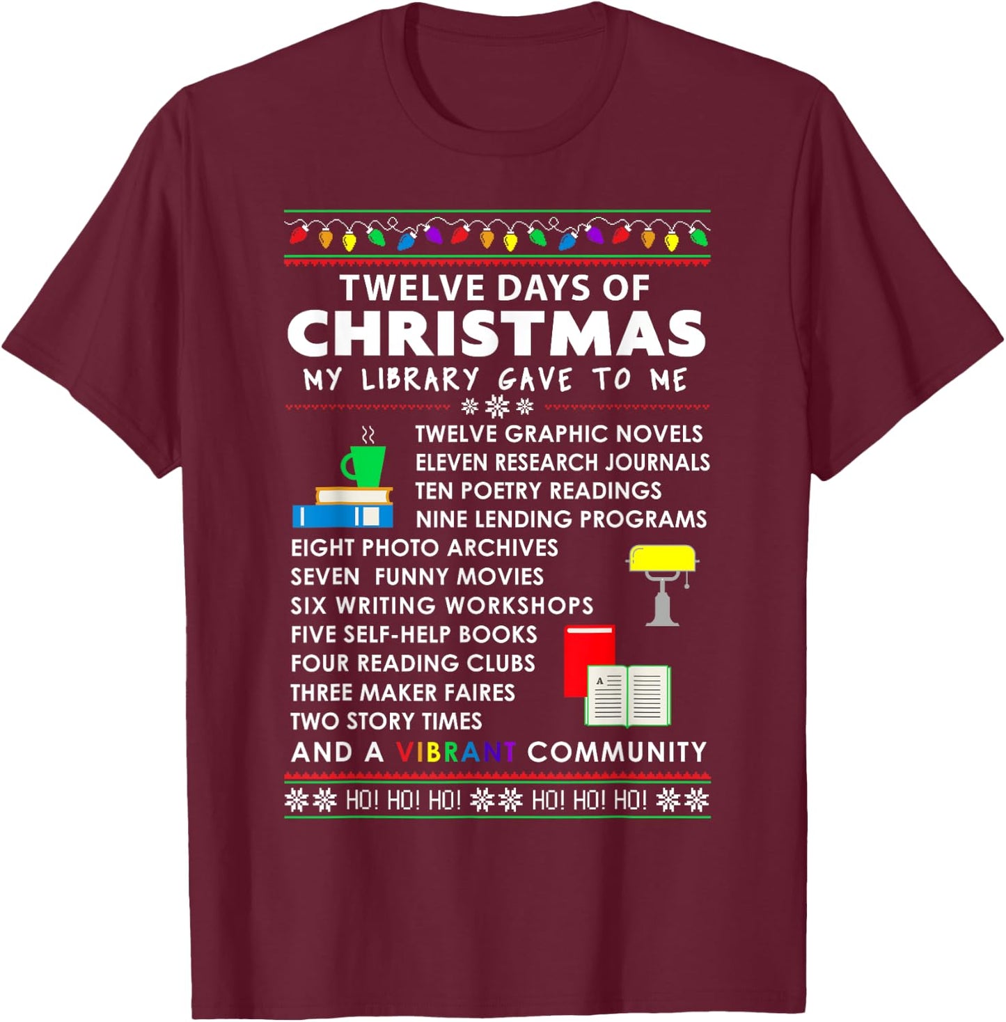 Librarian Christmas 12 Days of Christmas Library Song T-Shirt - T-Shirt | Maroon