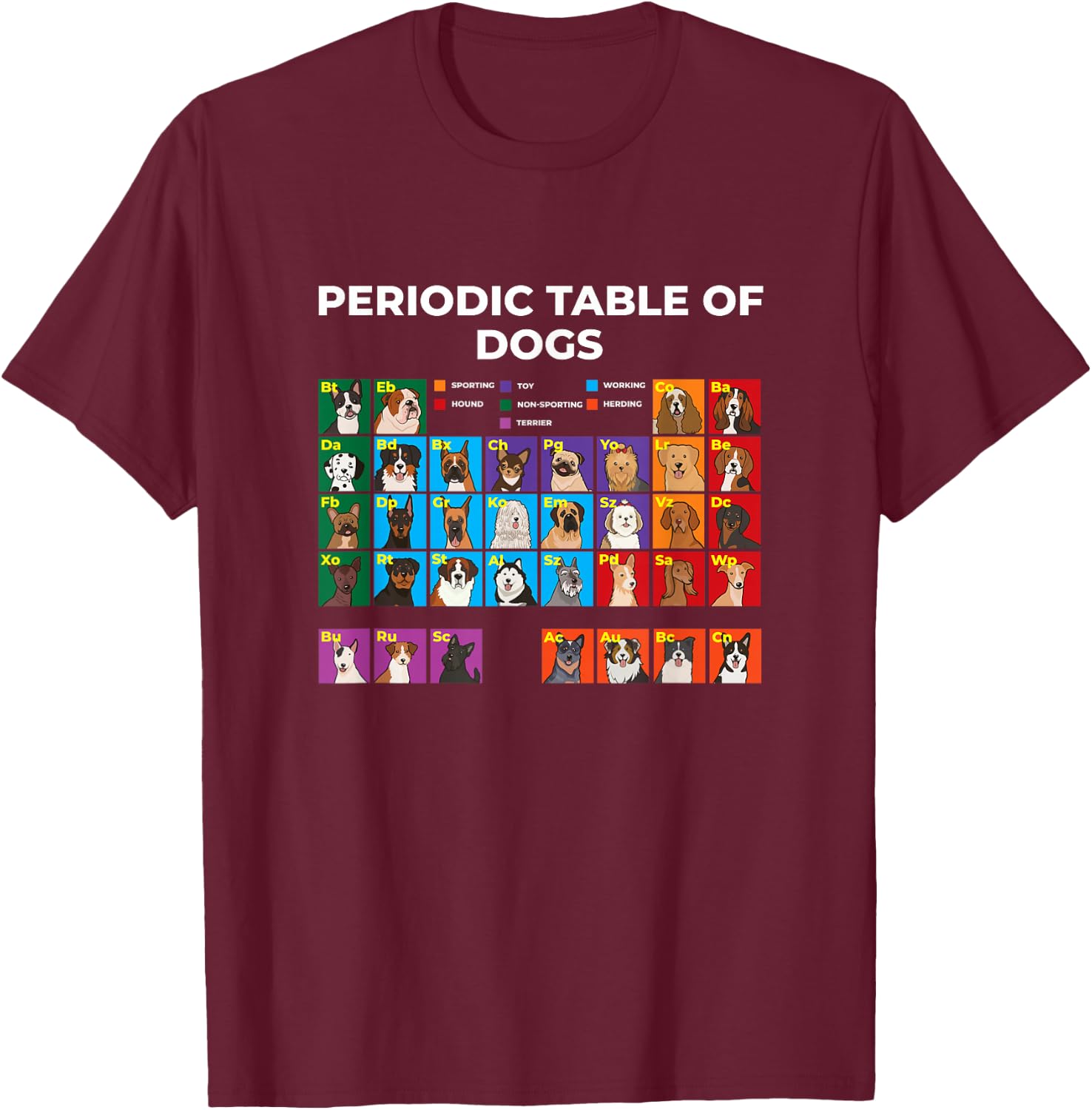 Periodic Table of Dogs, Dog Lover, Funny Science Men Women Kids T-Shirt - T-Shirt | Maroon