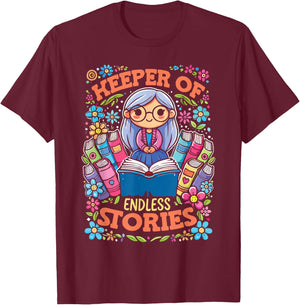 Keeper Of Endless Stories | Librarian Reader Bookworm T-Shirt - T-Shirt | Maroon