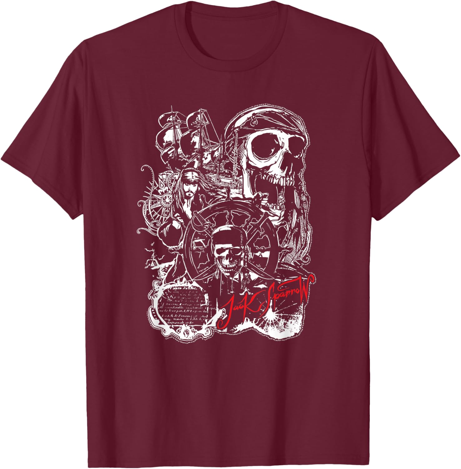 Disney Pirates of The Caribbean Jack Sparrow White Outline T-Shirt - T-Shirt | Maroon
