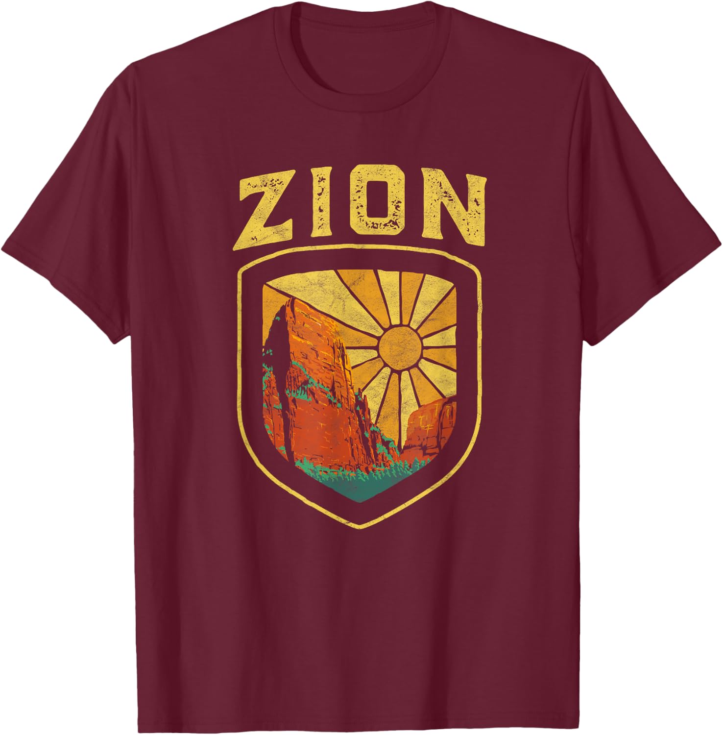 Zion National Park Vintage Badge Retro Distressed 80's T-Shirt - T-Shirt | Maroon