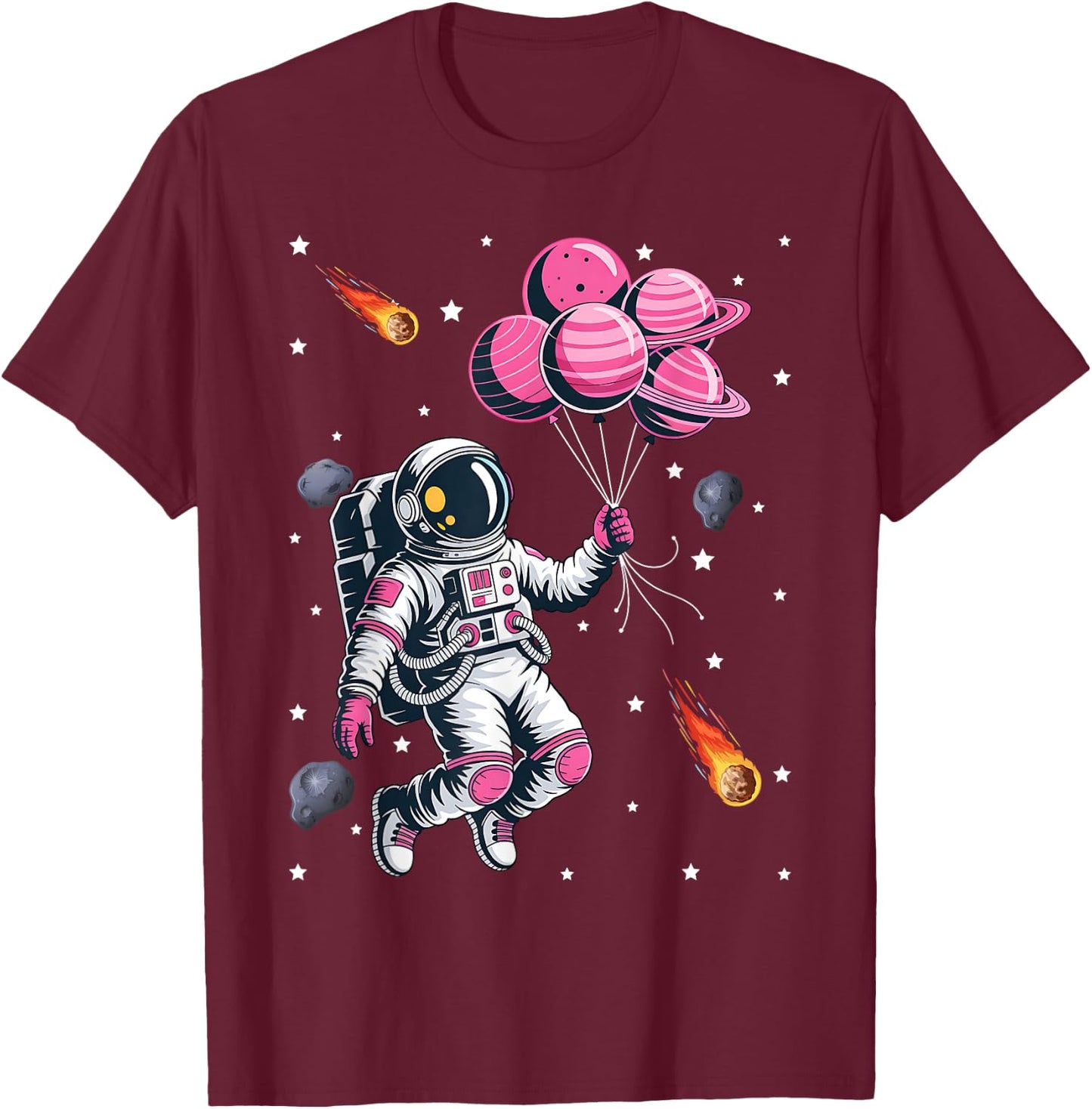 Girl Astronaut Balloon Planets Space Galaxy Girls Kids T-Shirt - T-Shirt | Maroon