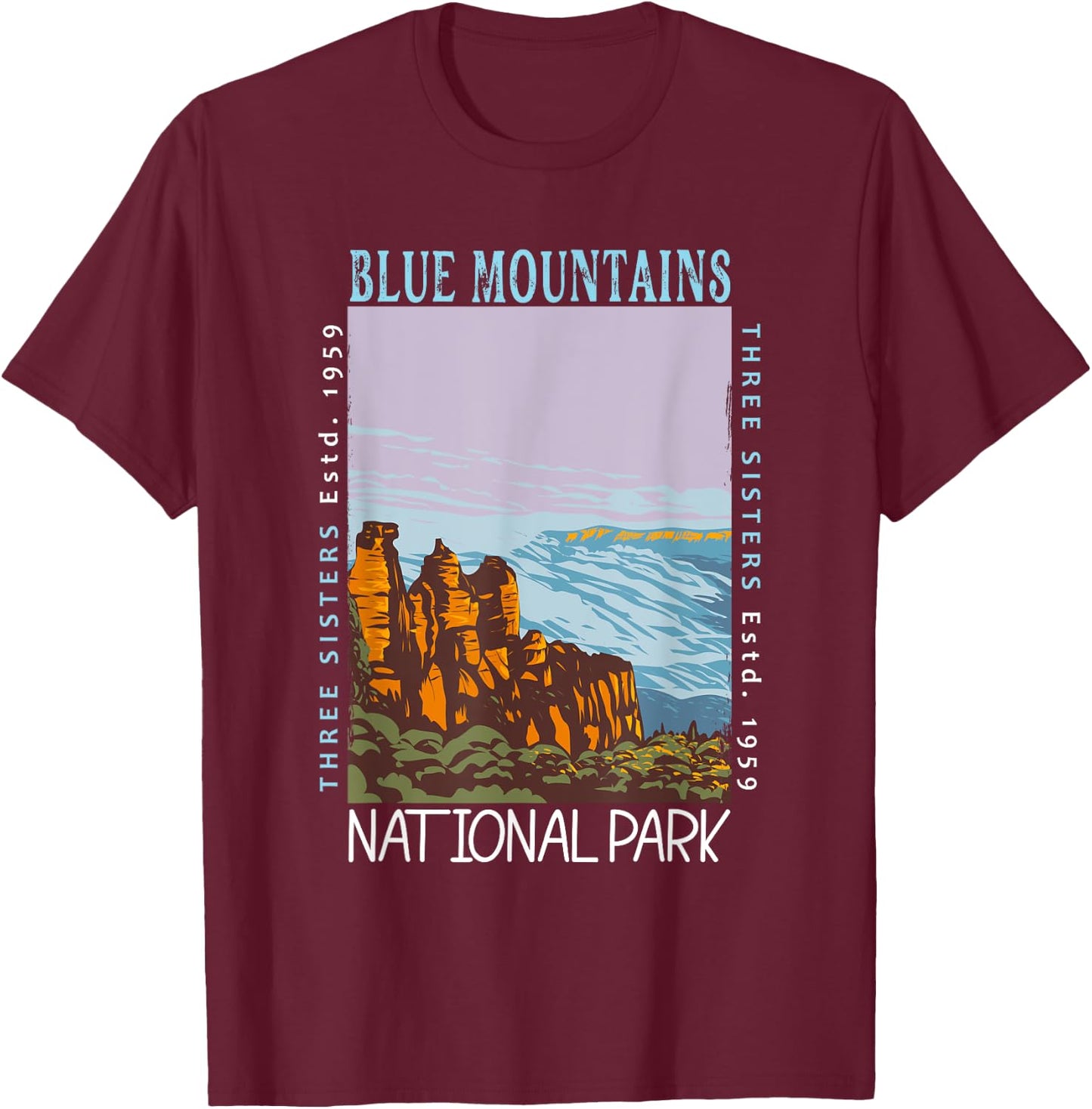 Blue Mountains National Park Australia Distressed Vintage T-Shirt - T-Shirt | Maroon