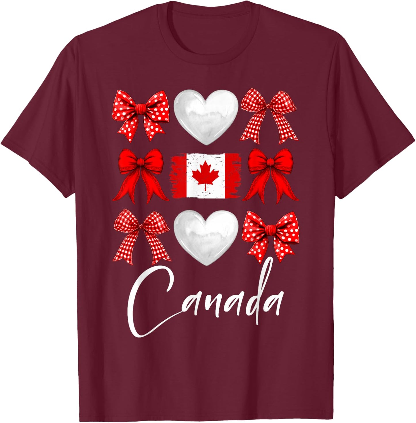 Canada Day Coquette Bow Maple Leaf Canadian Flag Women Girls T-Shirt - T-Shirt | Maroon
