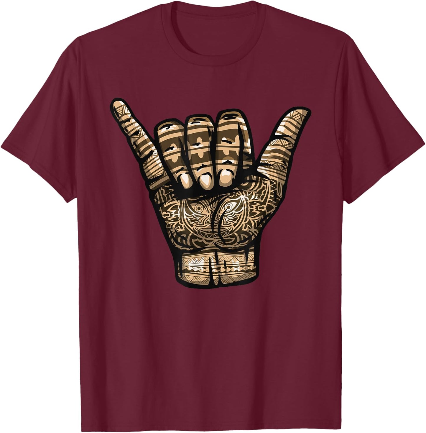 Polynesian Shaka Hand Art Men Women Hawaiian Tribal Tattoo T-Shirt - T-Shirt | Maroon