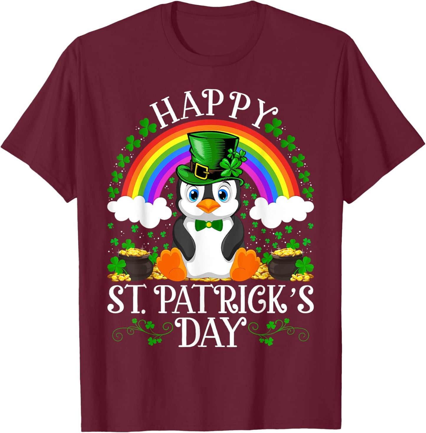 Penguin Bird Lover Rainbow Vintage Penguin St. Patrick's Day T-Shirt - T-Shirt | Maroon