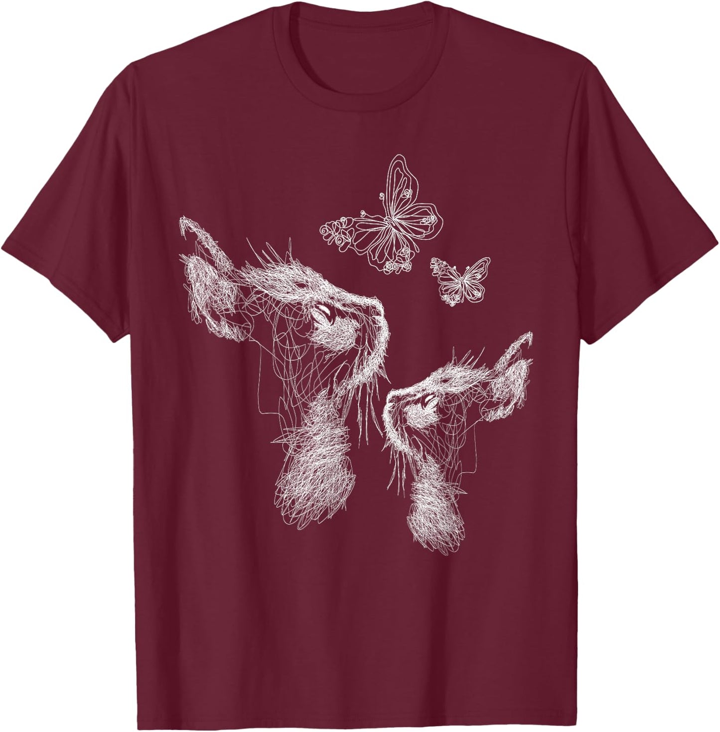 Cat with Kitten and Butterflies, scribble art T-Shirt - T-Shirt | Maroon
