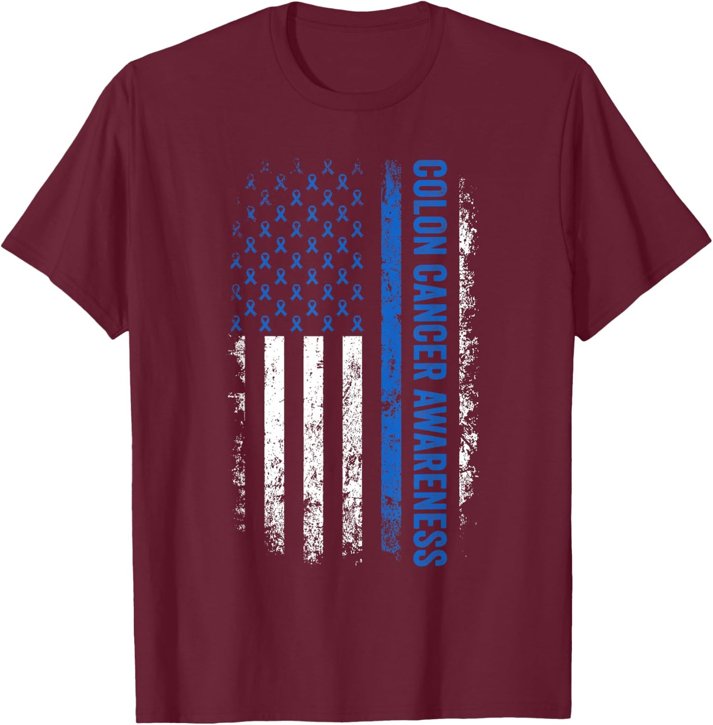 Colon Cancer Awareness Blue Ribbon US American Flag T-Shirt - T-Shirt | Maroon