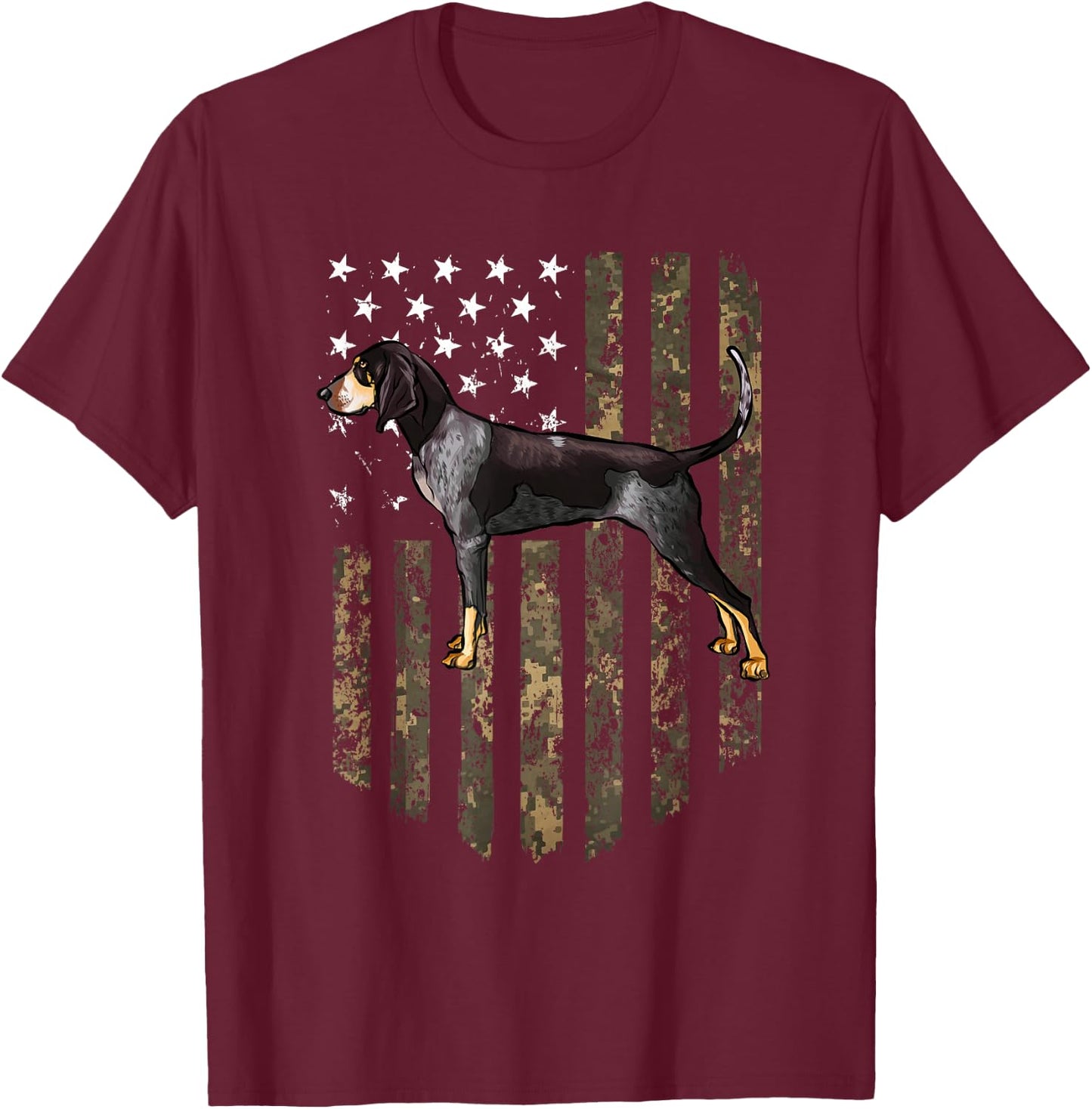 Camo American Flag Bluetick Coonhound 4th of July USA T-Shirt - T-Shirt | Maroon