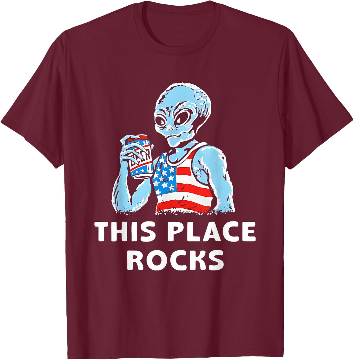 This Place Rocks Blue Alien Wearing an American Flag T-Shirt - T-Shirt | Maroon