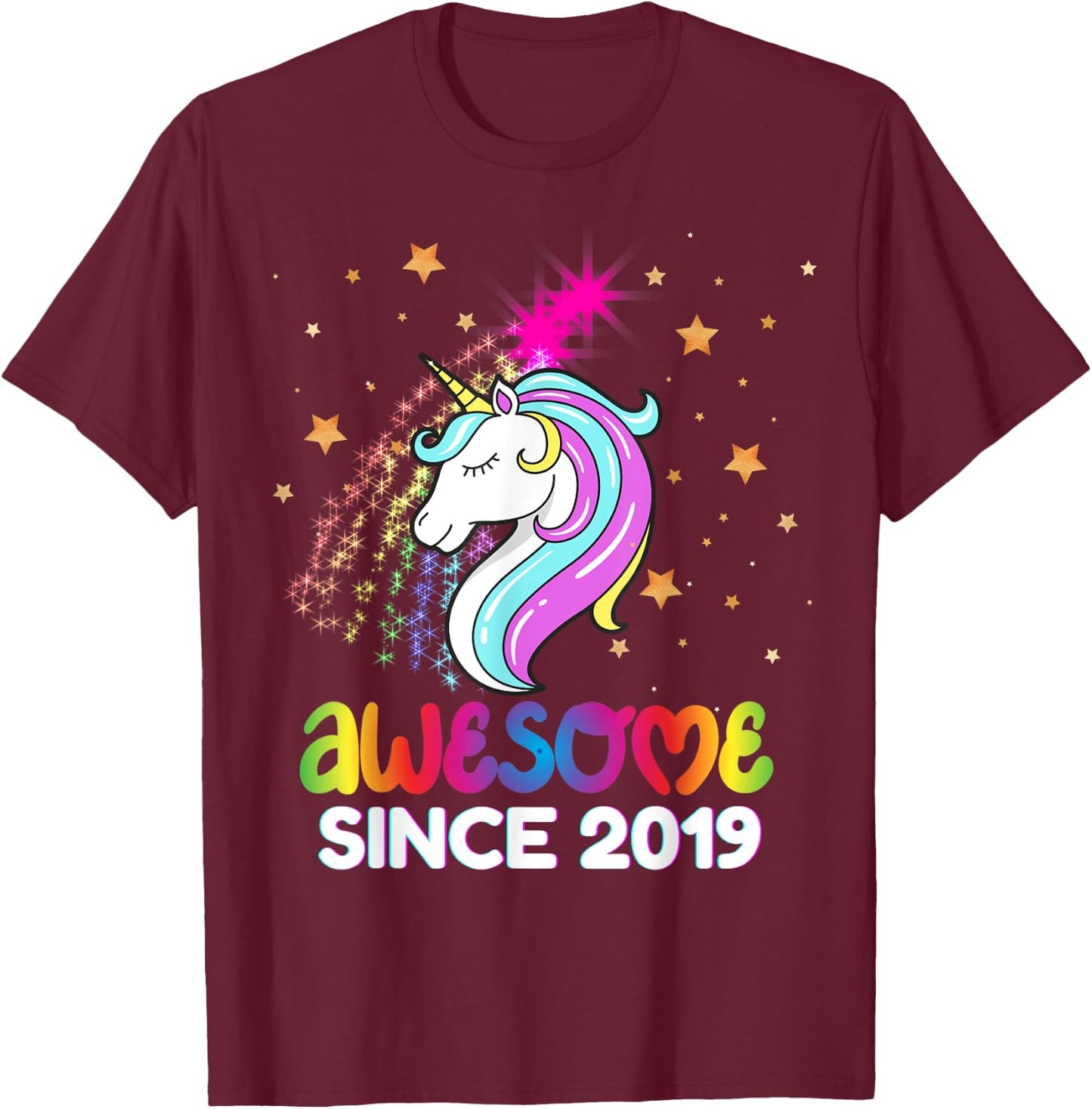 Fourth 5th Birthday Awesome Since 2019 Rainbows and Unicorn T-Shirt - T-Shirt | Maroon