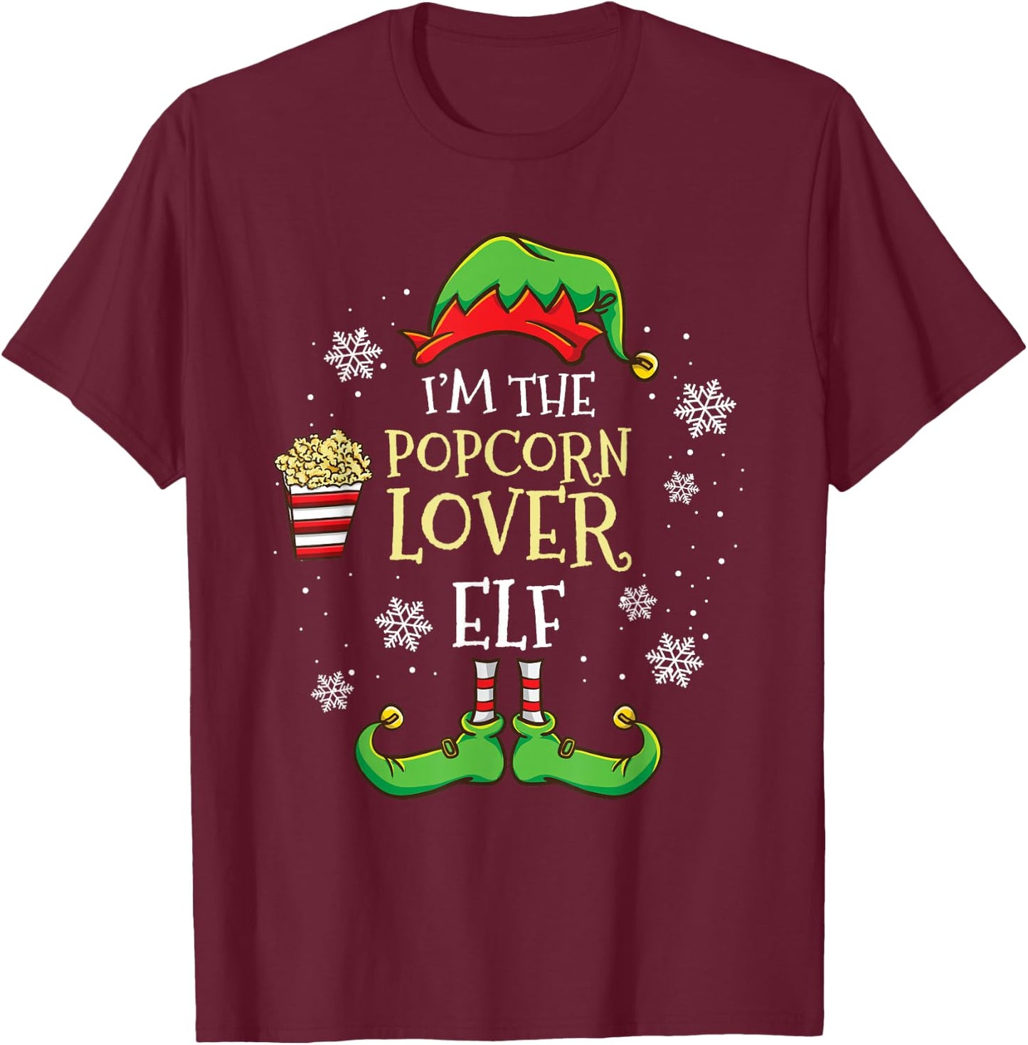 Im The Popcorn Lover Elf Christmas T-Shirt - T-Shirt | Maroon