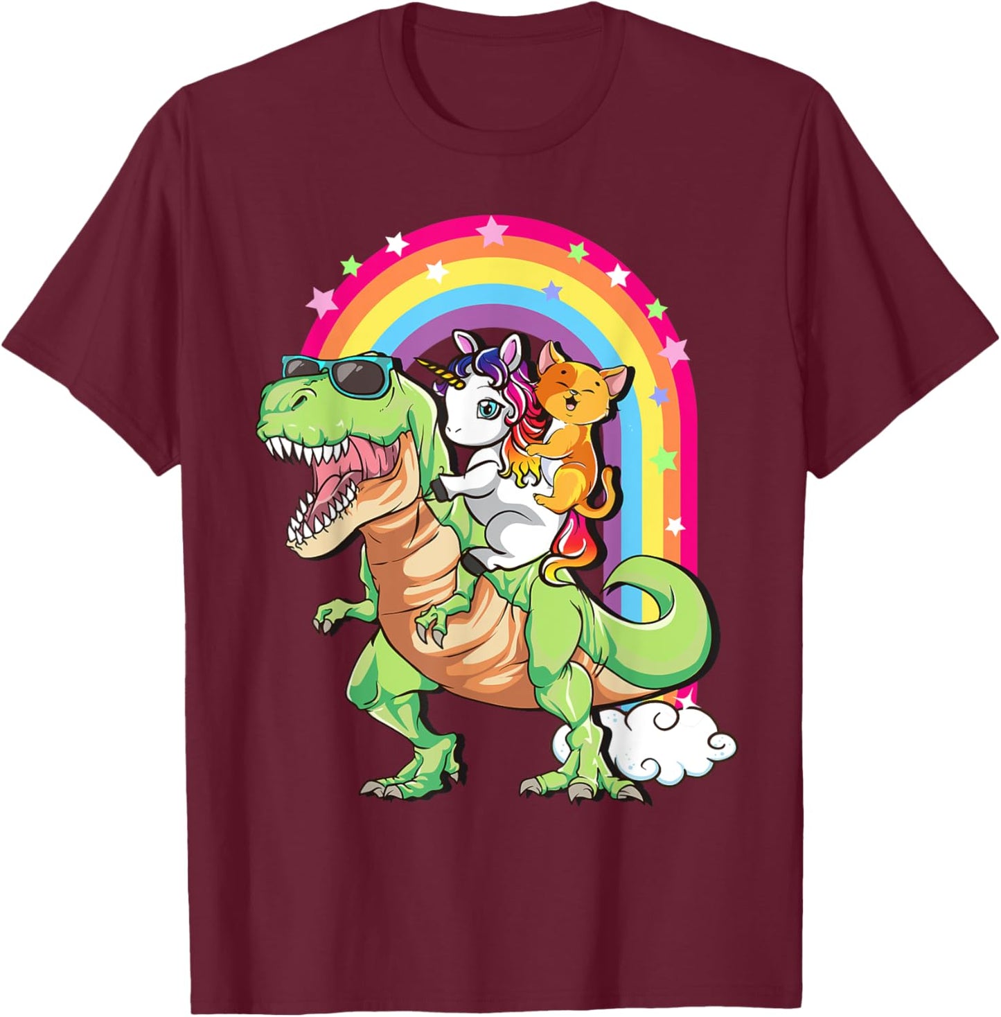 Cute Cat Unicorn Riding T Rex Dinosaur Kids Teens Toddlers T-Shirt - T-Shirt | Maroon