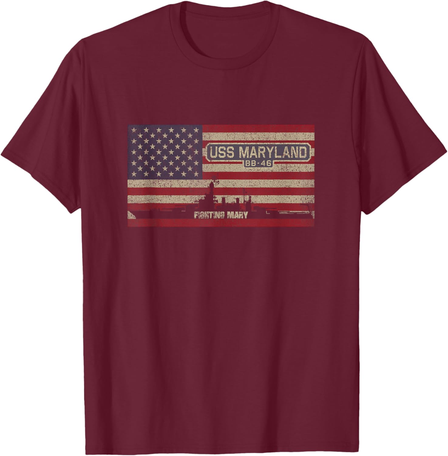 USS Maryland BB-46 WW2 Battleship USA American Flag T-Shirt - T-Shirt | Maroon
