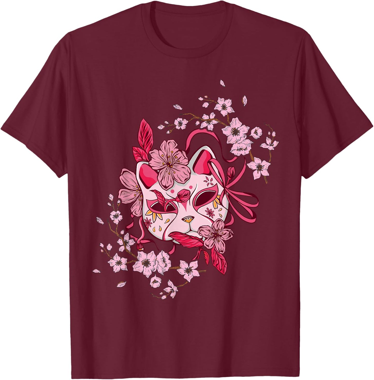 Sakura Tree Japanese Mask Cherry Pink Flower Blossom T-Shirt - T-Shirt | Maroon