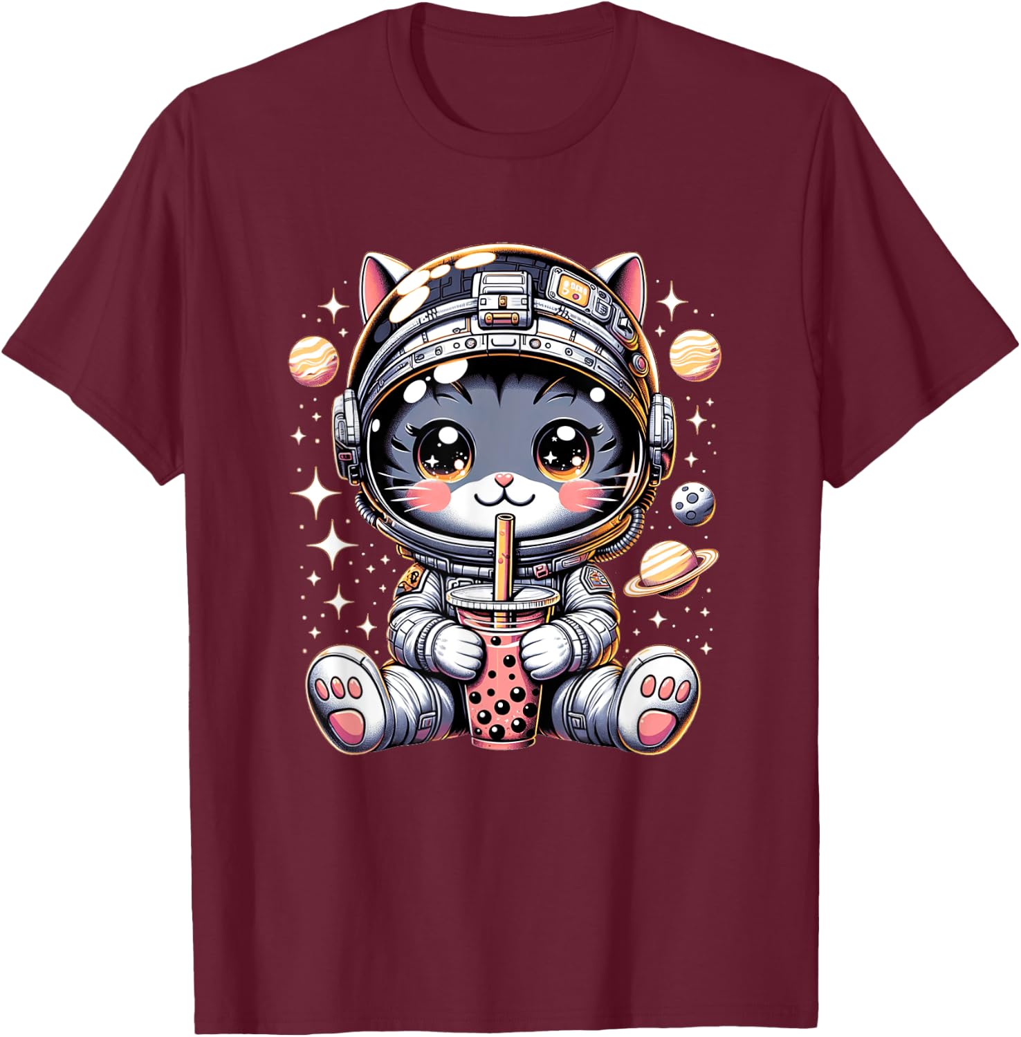 Cat in Space Kawaii Cat Girls Anime Astronaut Bubble Tea T-Shirt - T-Shirt | Maroon