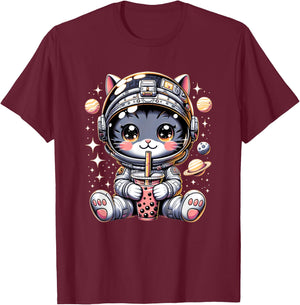 Cat in Space Kawaii Cat Girls Anime Astronaut Bubble Tea T-Shirt - T-Shirt | Maroon
