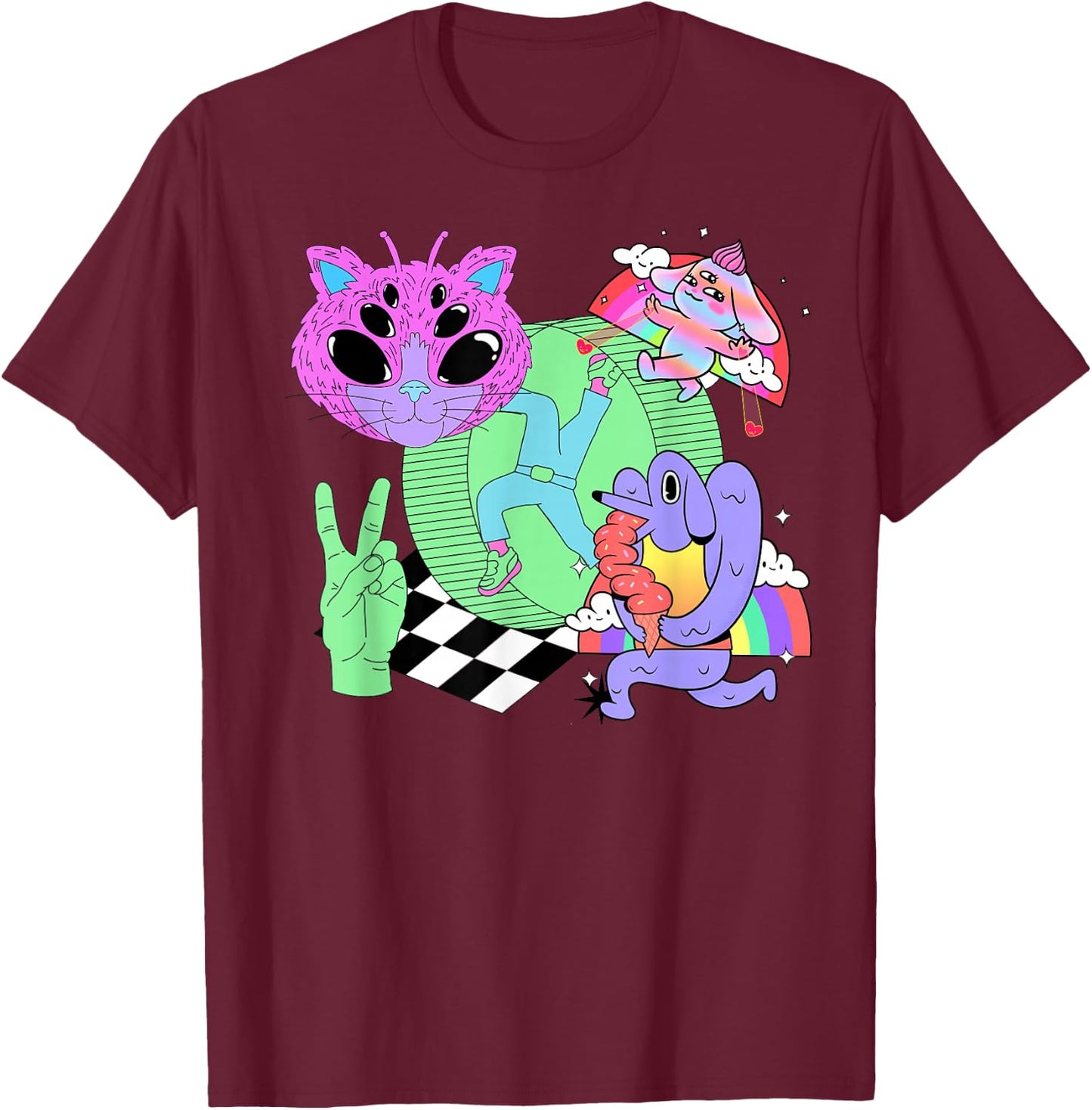 Weirdcore Aesthetic Bright Colorful Checker Print Trippy T-Shirt - T-Shirt | Maroon