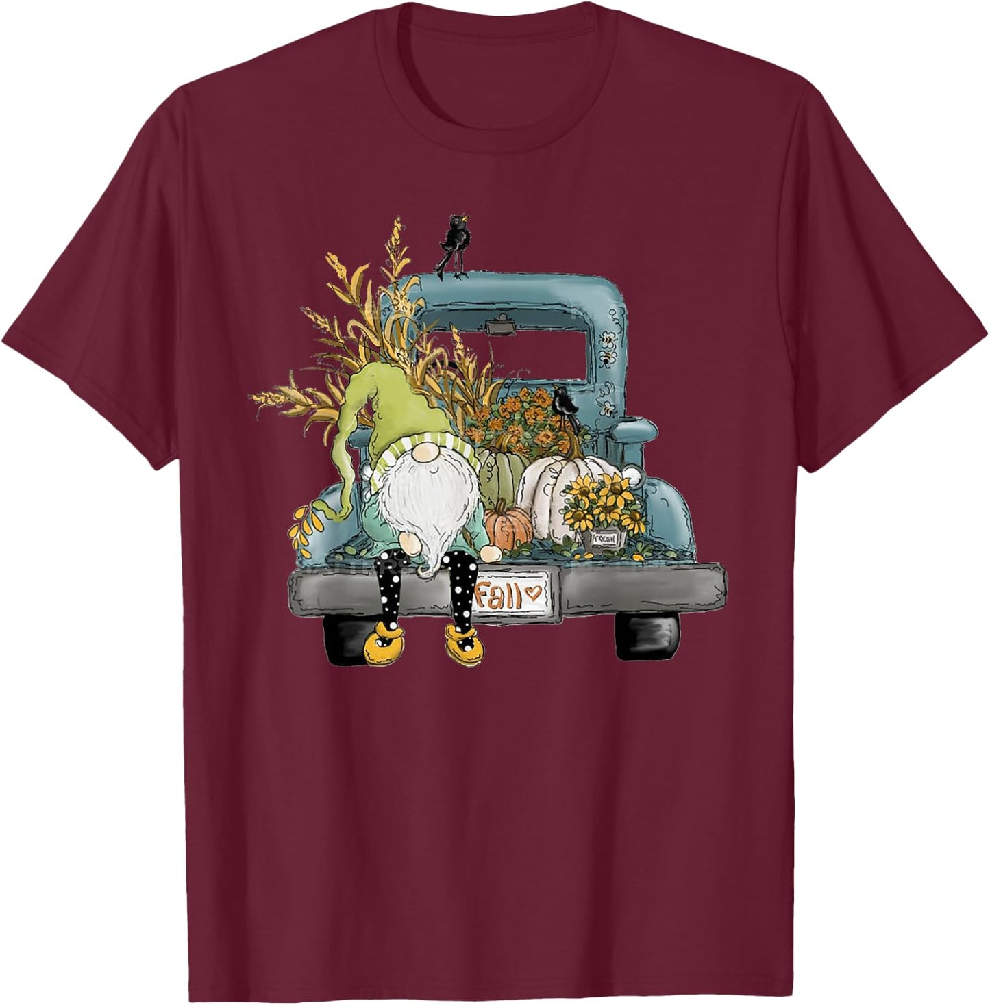 Fall Gnome Vintage Truck and Pumpkin T-Shirt - T-Shirt | Maroon