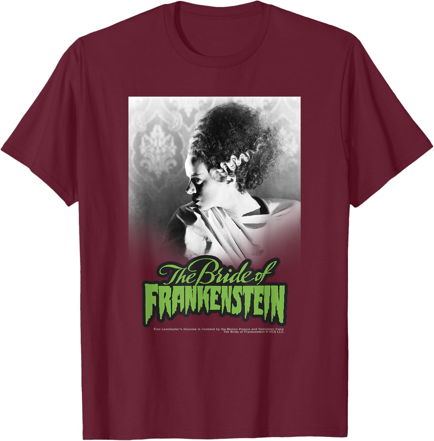 Universal Monsters Bride of Frankenstein Contrast Poster T-Shirt - T-Shirt | Maroon
