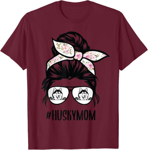 Husky Mom messy bun hair glasses, Siberian Huskies Mama T-Shirt - T-Shirt | Maroon