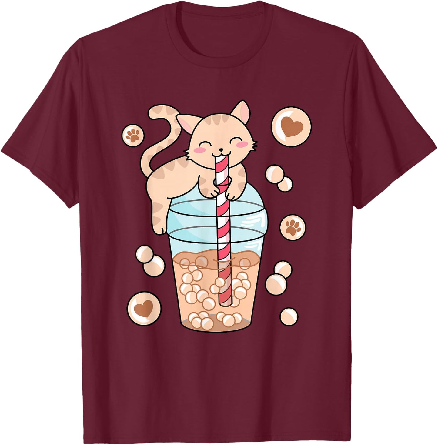 Japanese Anime Cat Kawaii Bubble Tea Women Girls Kids T-Shirt - T-Shirt | Maroon