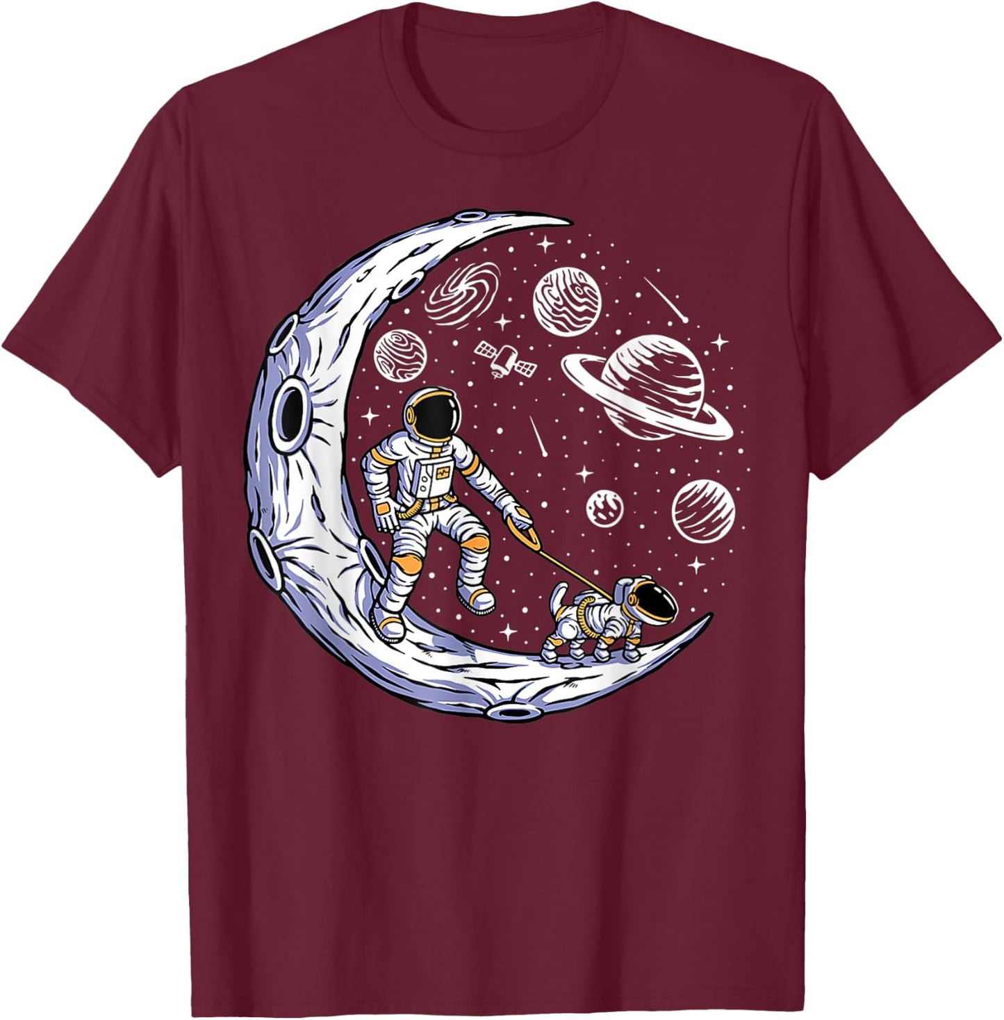Astronaut Walking A Dog On The Moon In Space T-Shirt - T-Shirt | Maroon