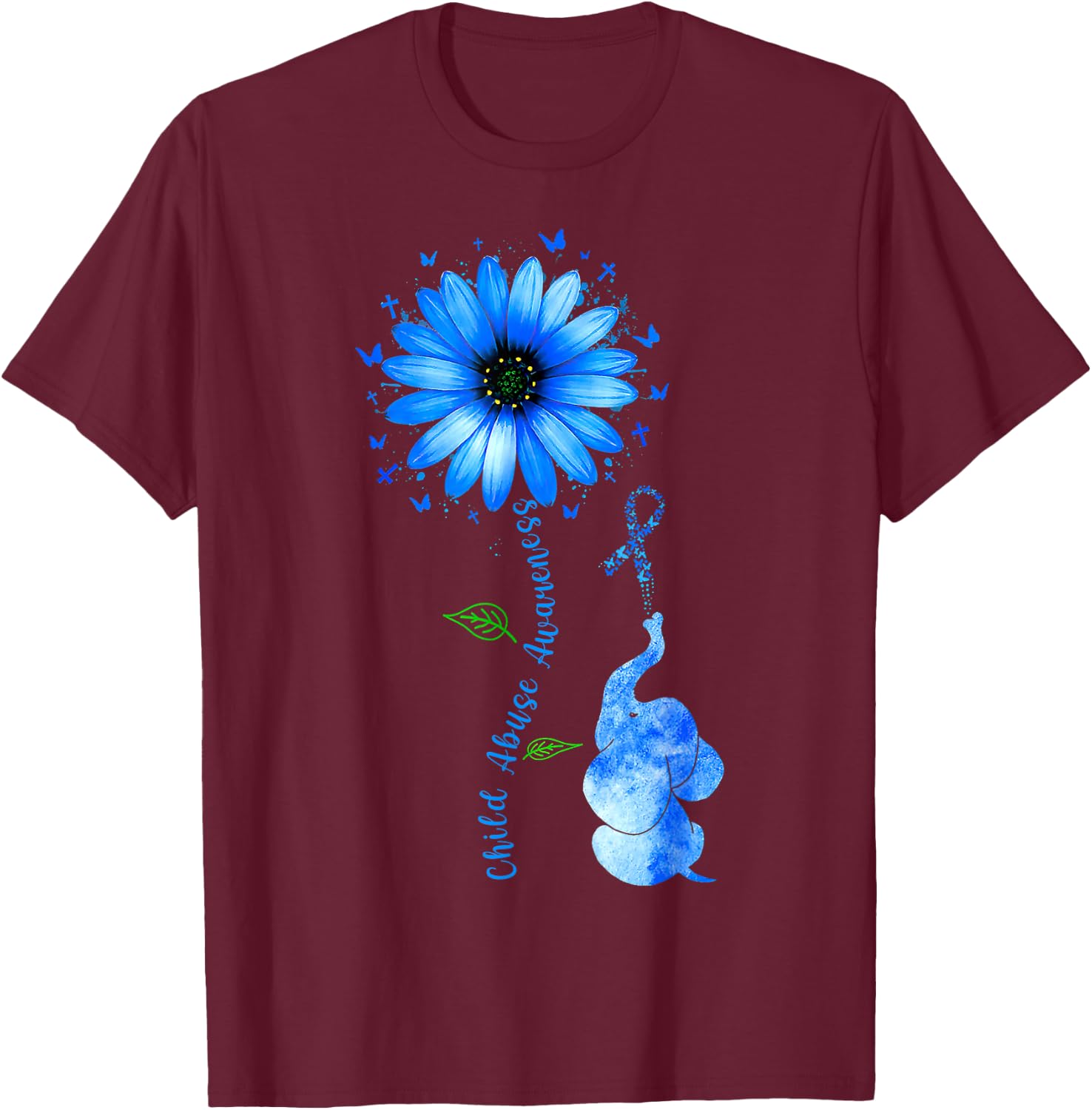 Child Abuse Awareness Sunflower Light Blue Ribbon Elephant T-Shirt - T-Shirt | Maroon
