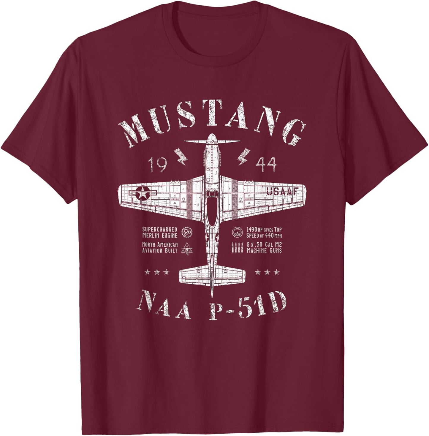 P-51 Mustang WW2 North American P51 D Vintage Fighter Plane T-Shirt - T-Shirt | Maroon