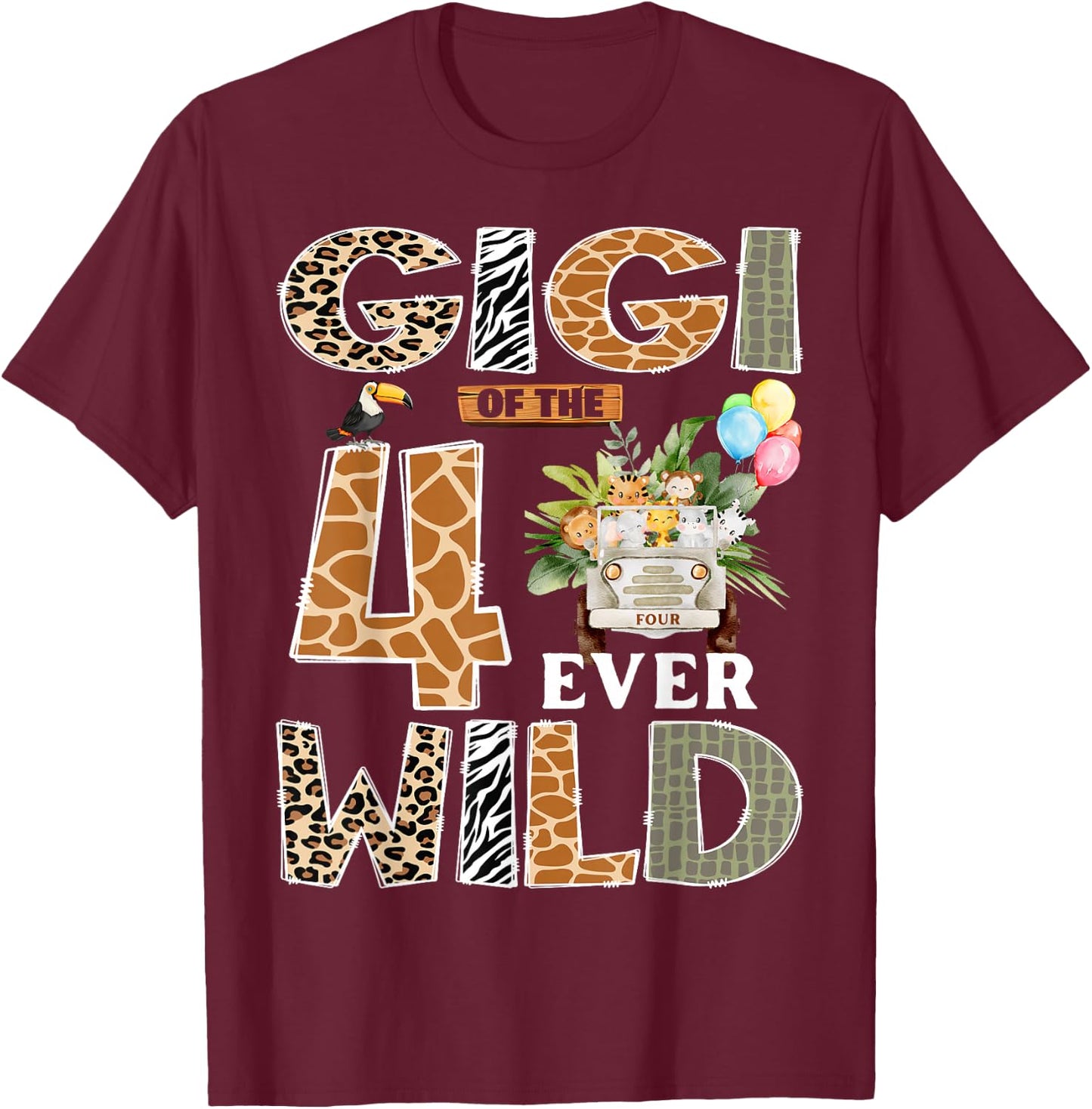 Gigi of The Four Ever Wild Safari 4th Birthday Boy Matching T-Shirt - T-Shirt | Maroon