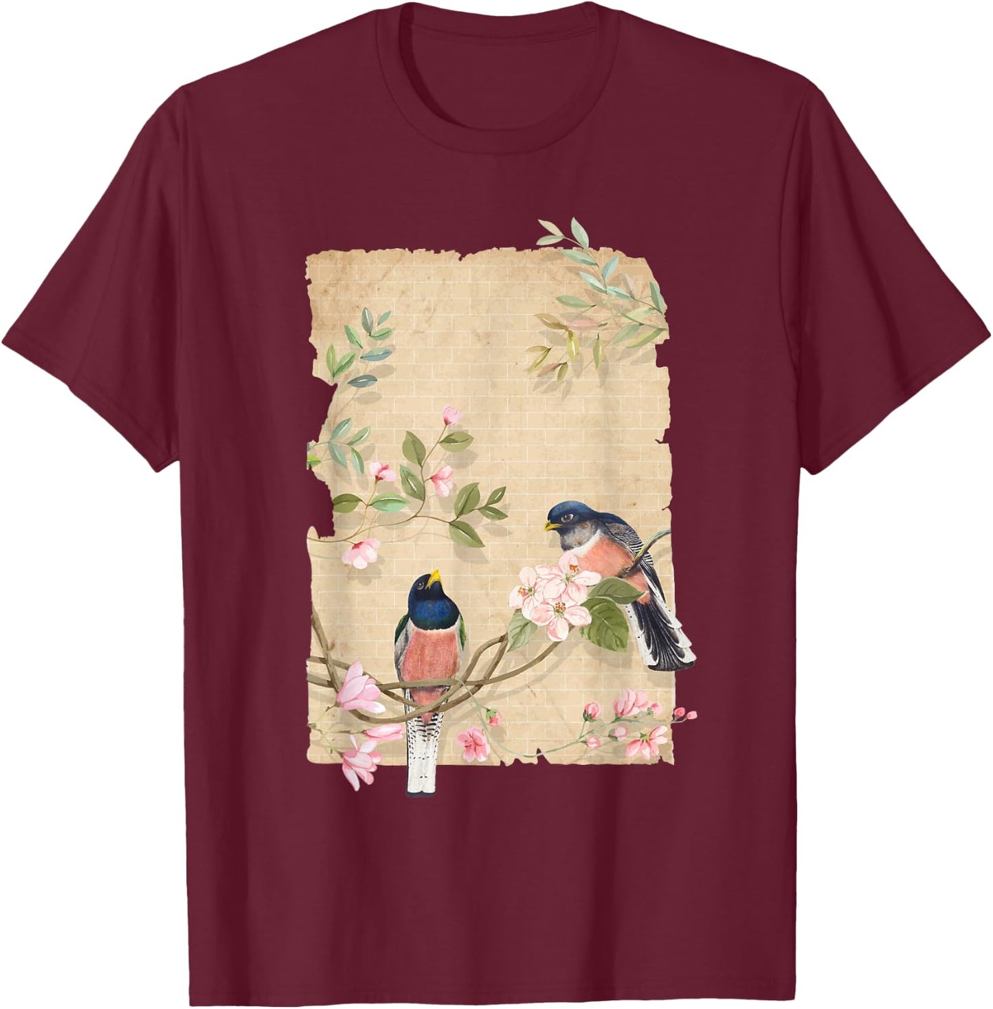Bird and Flowers Art Japanese Woodblock Inspired Birds T-Shirt - T-Shirt | Maroon