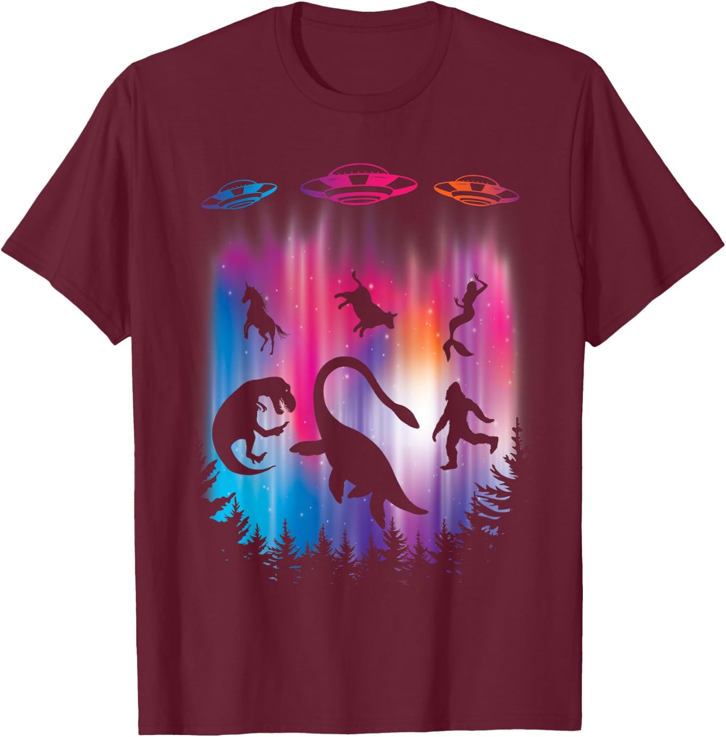 Alien Abduction T-Rex Loch Ness Bigfoot Funny UFO T-Shirt - T-Shirt | Maroon