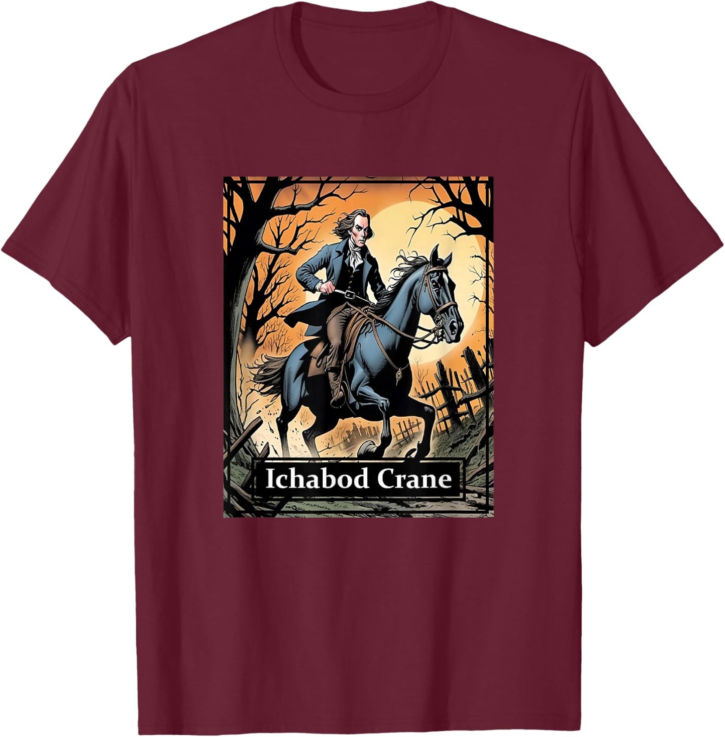 Ichabod Crane Riding on His Horse Gunpowder & Being Chased T-Shirt - T-Shirt | Maroon