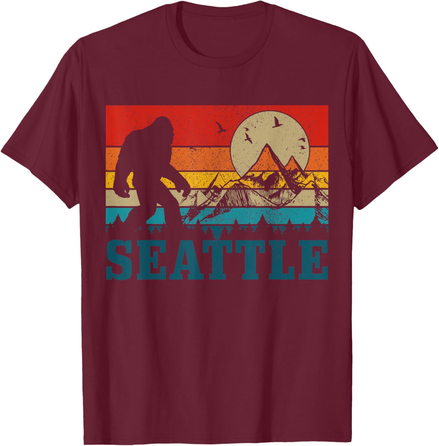 Seattle Washington Bigfoot Vintage Mountains Funny Gift T-Shirt - T-Shirt | Maroon