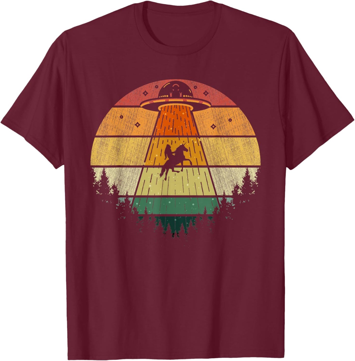 Retro Bigfoot Riding Unicorn Funny Sasqutch UFO Abduction T-Shirt - T-Shirt | Maroon