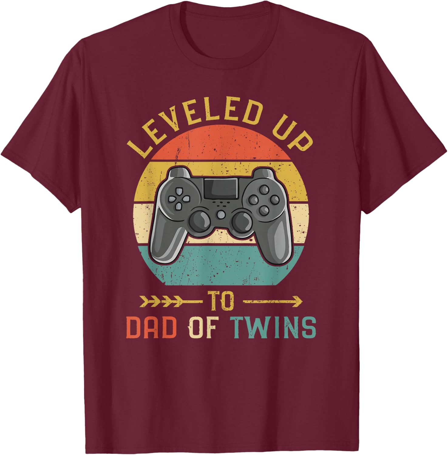 Vintage Level Up to Dad of Twins Gamer Gift T-Shirt - T-Shirt | Maroon